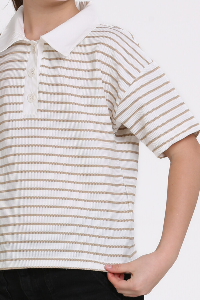 Bej Çizgi Desenli 5-13 Yaş Tişört - 2506-1