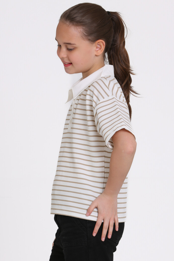 Bej Çizgi Desenli 5-13 Yaş Tişört - 2506-1