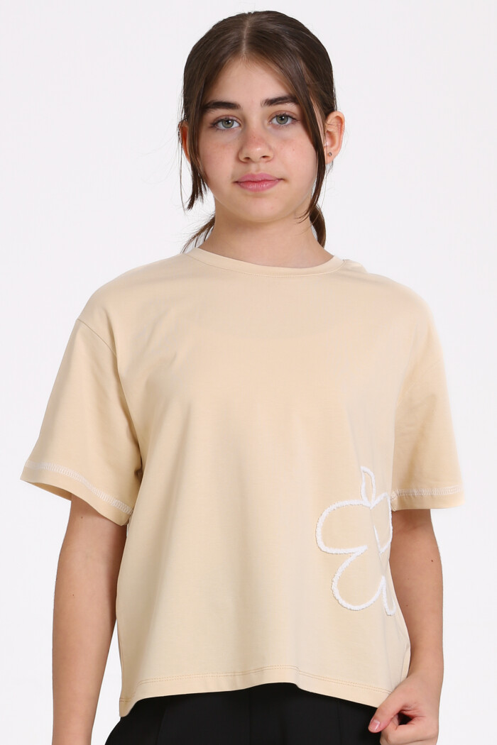 Bej Karyoka Dikişli 5-13 Yaş Tişört - 2531-5
