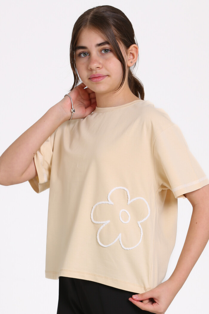 Bej Karyoka Dikişli 5-13 Yaş Tişört - 2531-5