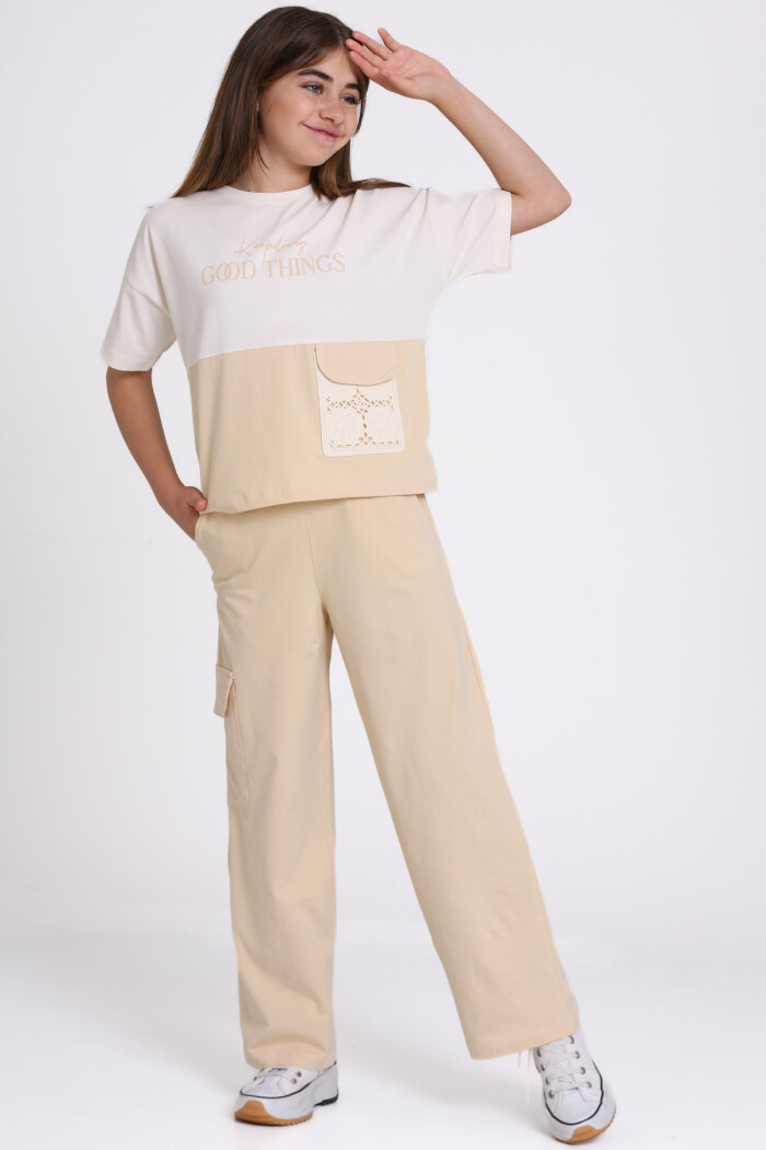 Bej Keep Doing Good Things Baskılı 8-12 Yaş Takım - 2448-1