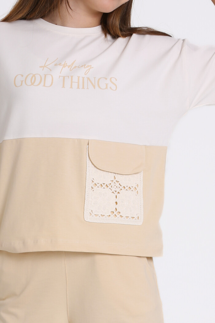 Bej Keep Doing Good Things Baskılı 8-12 Yaş Takım - 2448-1