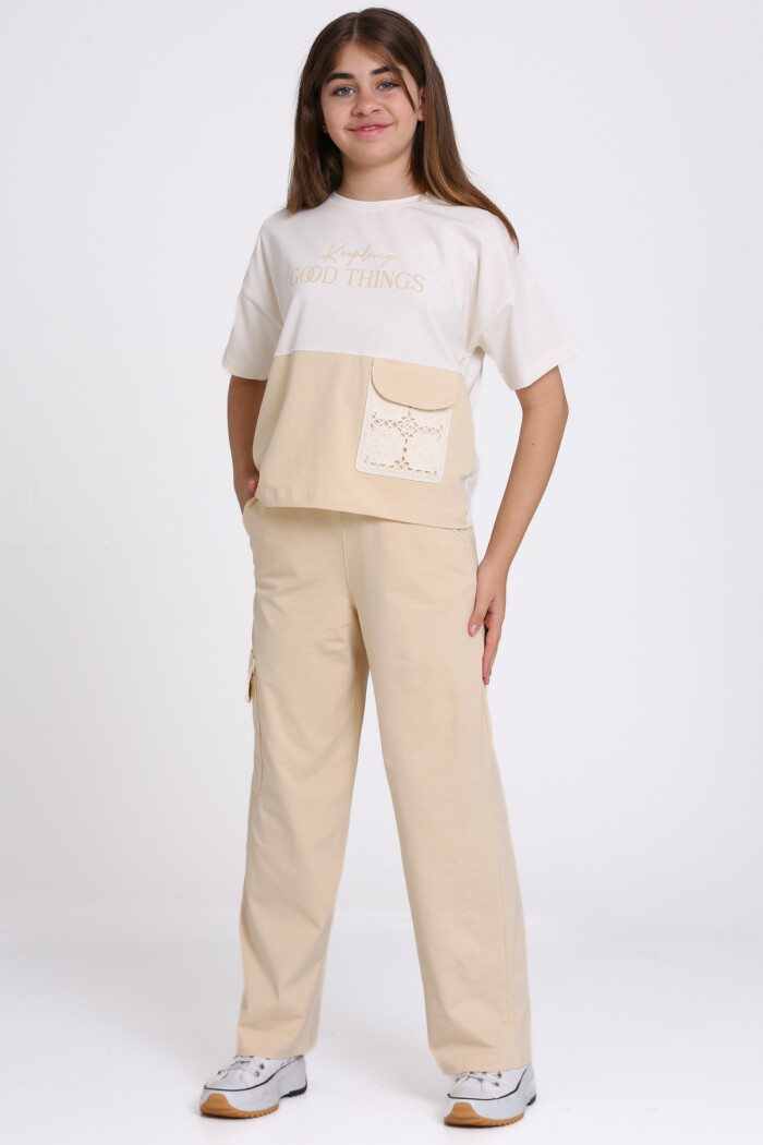 Bej Keep Doing Good Things Baskılı 8-12 Yaş Takım - 2448-1