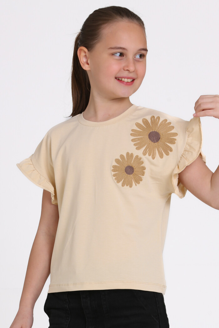 Bej Papatya Nakışlı 5-13 Yaş Tişört - 2517-4