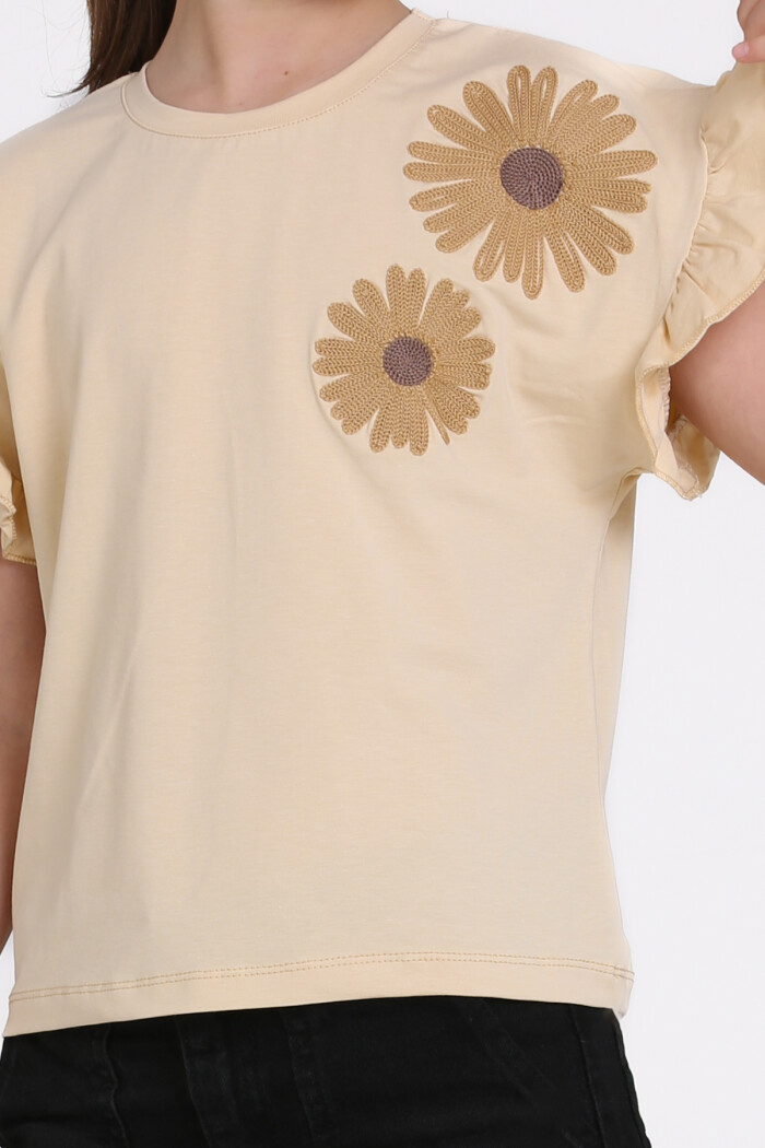 Bej Papatya Nakışlı 5-13 Yaş Tişört - 2517-4