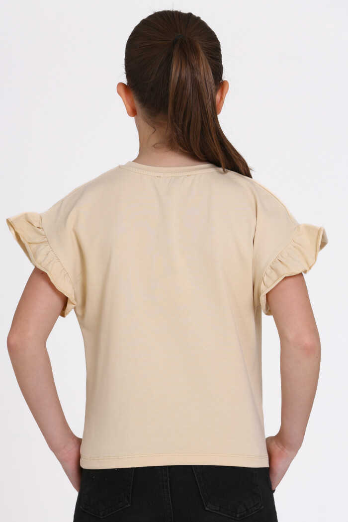 Bej Papatya Nakışlı 5-13 Yaş Tişört - 2517-4