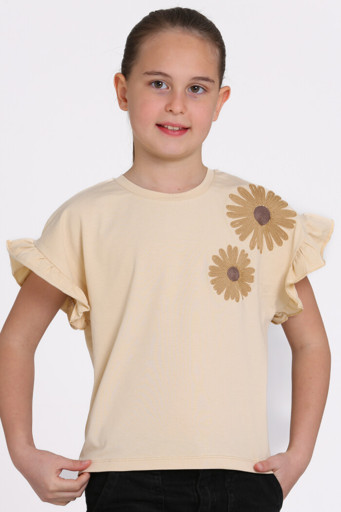 Bej Papatya Nakışlı 5-13 Yaş Tişört - 2517-4