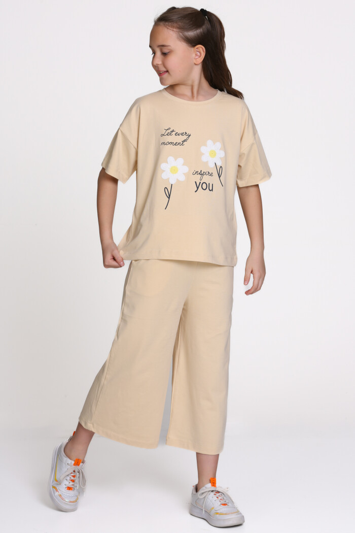 Bej Papatya Nakışlı Baskılı 8-12 Yaş Takım - 2546-1