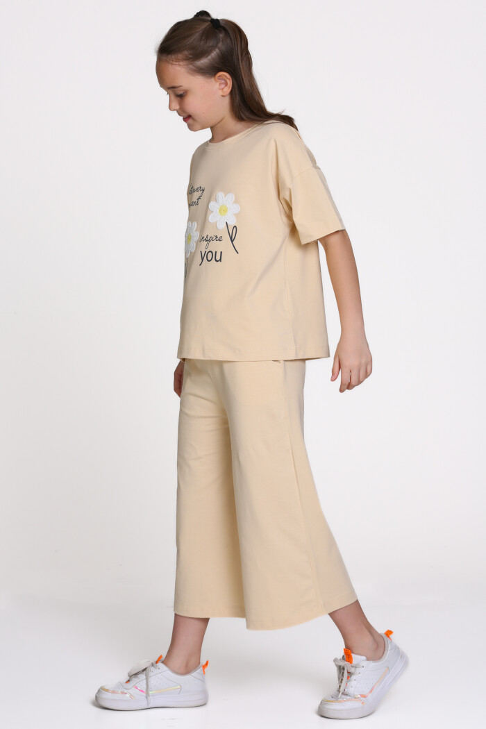 Bej Papatya Nakışlı Baskılı 8-12 Yaş Takım - 2546-1