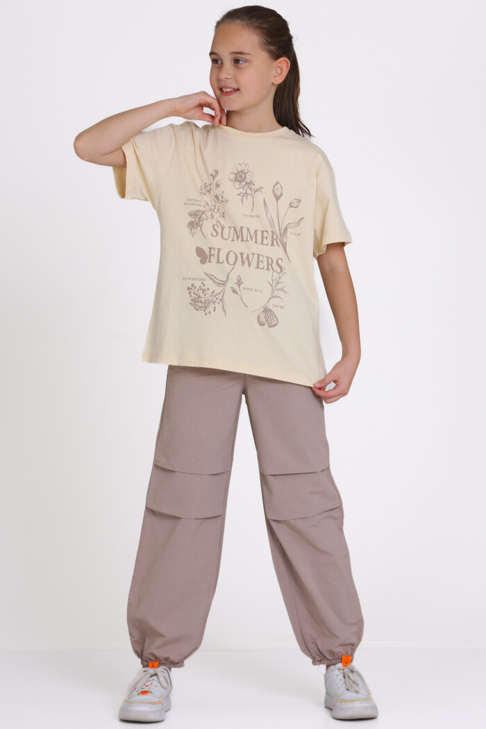 Bej Summer Flowers Baskılı 9-13 Yaş Takım - 2482-4