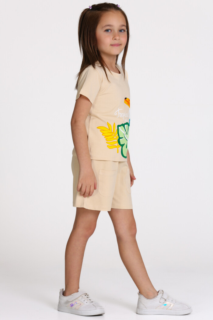 Bej Tropical Vibes Baskılı 3-7 Yaş Takım - 2509-1