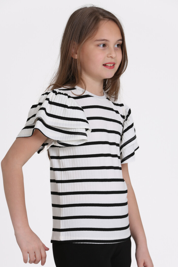 Beyaz Büzgülü 5-13 Yaş Tişört - 2516-2