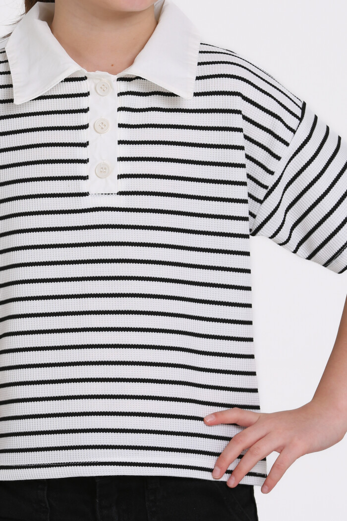 Beyaz Çizgi Desenli 5-13 Yaş Tişört - 2506-2