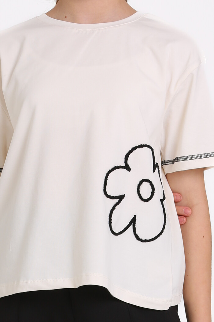 Ekru Karyoka Dikişli 5-13 Yaş Tişört - 2531-1