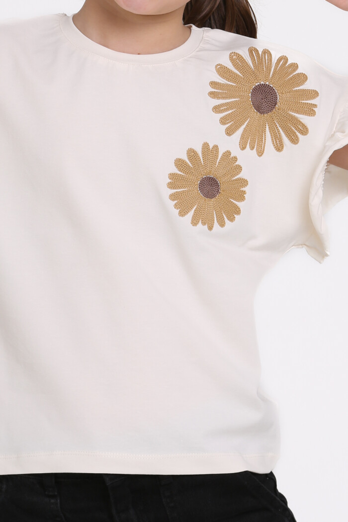 Ekru Papatya Nakışlı 5-13 Yaş Tişört - 2517-1