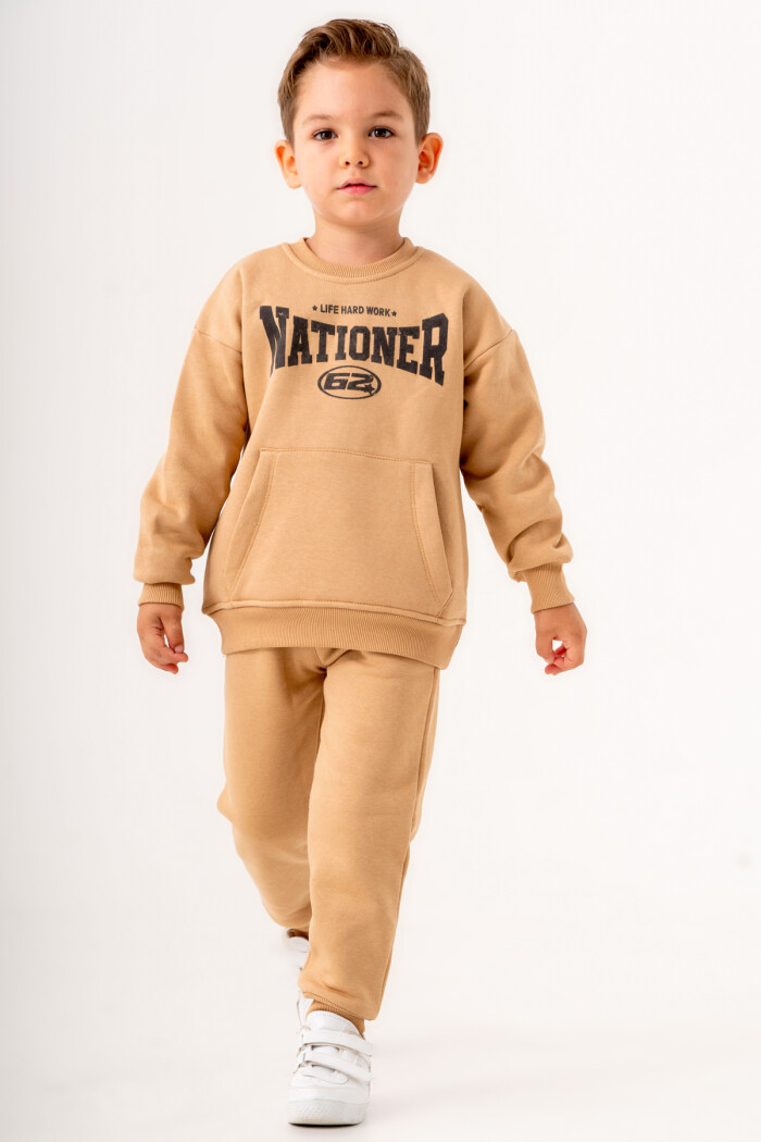 Erkek Bebek Bej Life Hard Work Nationer Baskılı 1-5 Yaş Takım - 3569-3