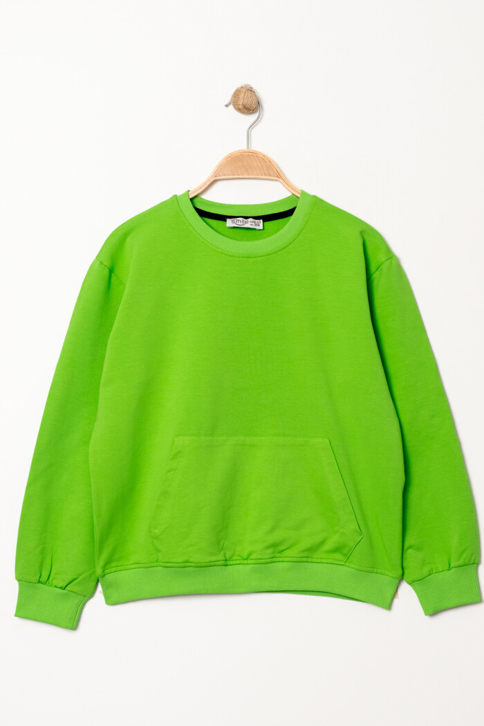 Erkek Çocuk Yeşil Bisiklet Yaka Kanguru Cepli 5-13 Yaş Sweatshirt- 3534-1