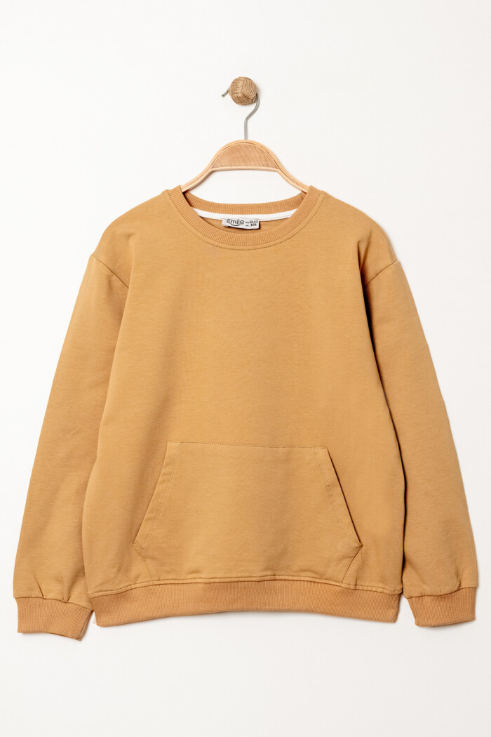 Erkek Çocuk Bej Bisiklet Yaka Kanguru Cepli 5-13 Yaş Sweatshirt- 3534-2