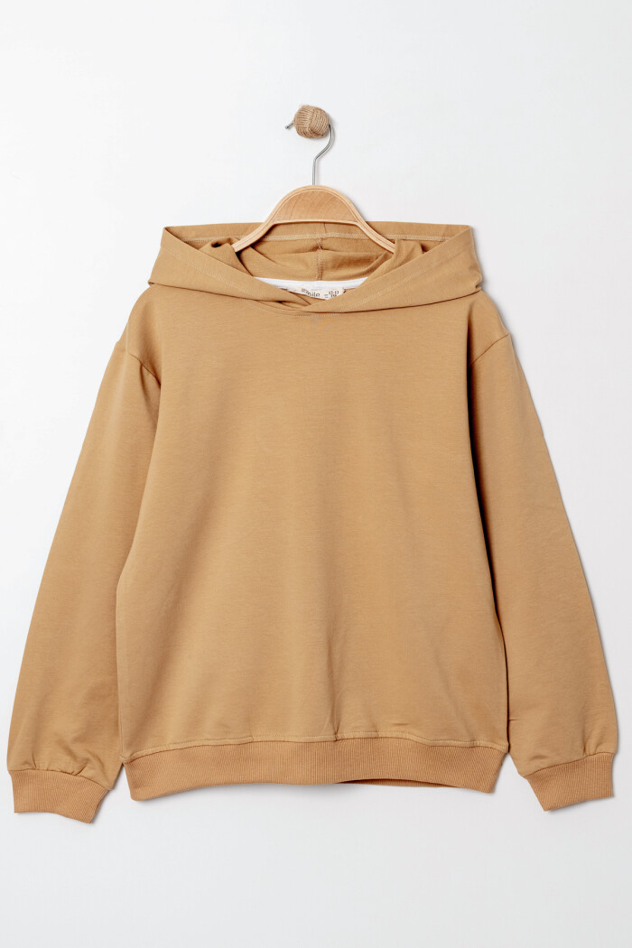 Erkek Çocuk Bej Kapüşonlu Basic 5-13 Yaş Sweatshirt- 3537-1