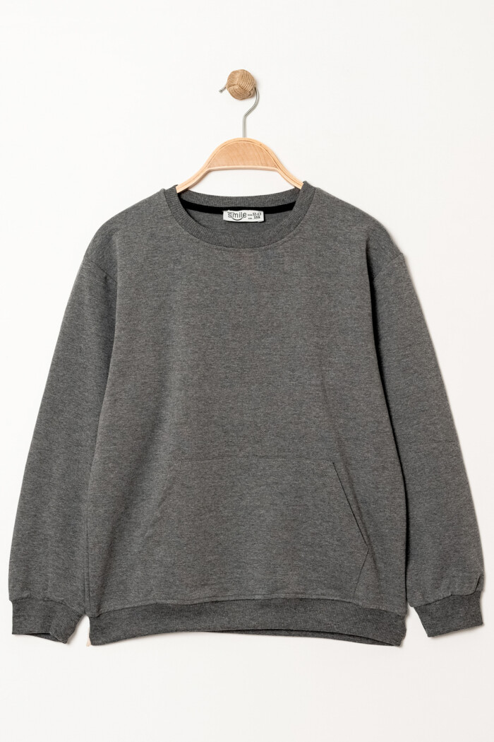 Erkek Çocuk Füme Bisiklet Yaka Kanguru Cepli 5-13 Yaş Sweatshirt- 3534-3