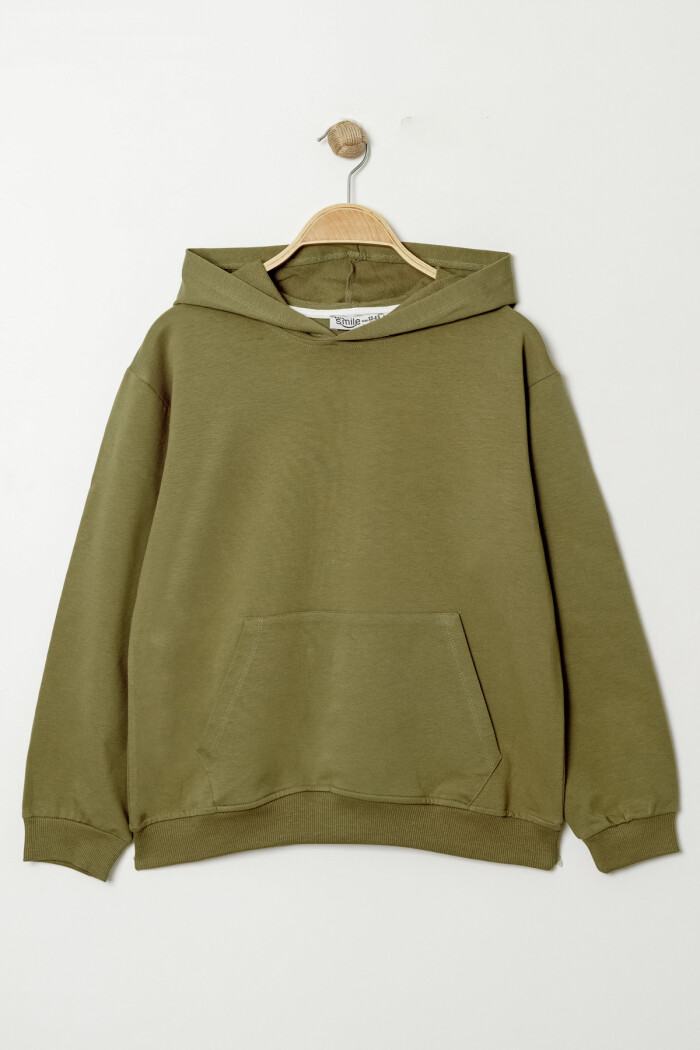 Erkek Çocuk Haki Kapüşonlu Kanguru Cepli 5-13 Yaş Sweatshirt- 3536-4