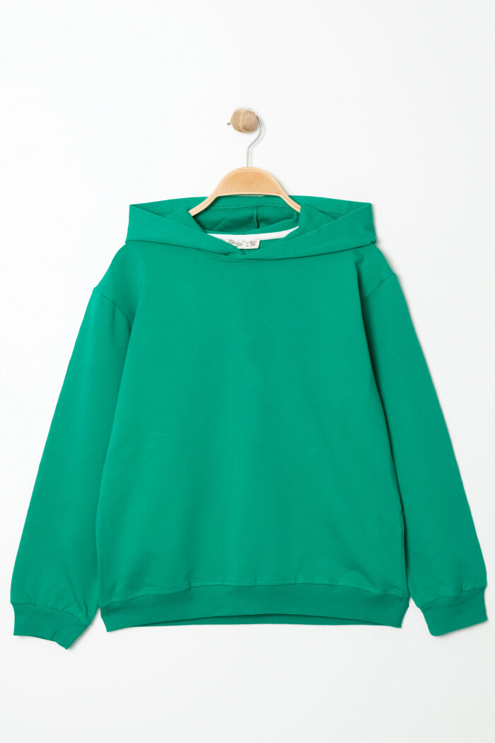 Erkek Çocuk Koyu Yeşil Kapüşonlu Basic 5-13 Yaş Sweatshirt- 3537-7