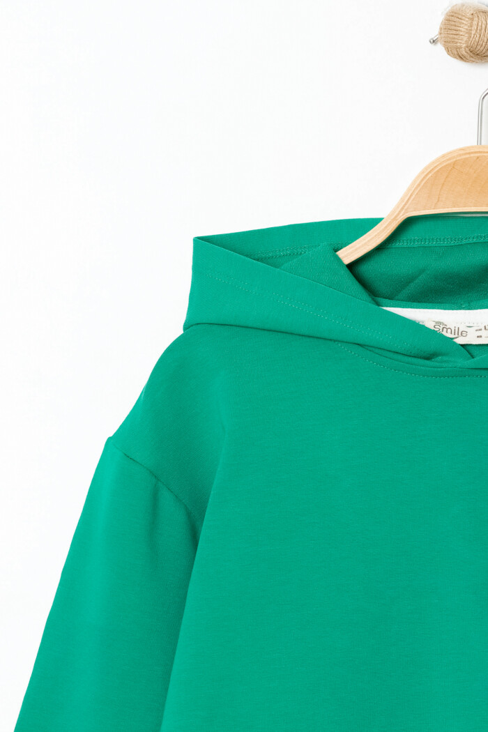 Erkek Çocuk Koyu Yeşil Kapüşonlu Basic 5-13 Yaş Sweatshirt- 3537-7