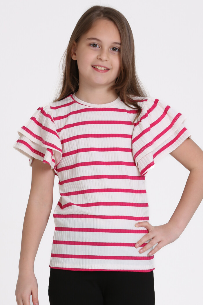 Fuşya Büzgülü 5-13 Yaş Tişört - 2516-3