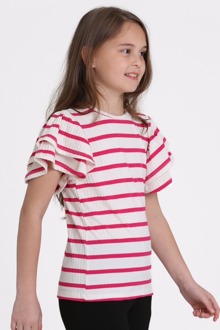 Fuşya Büzgülü 5-13 Yaş Tişört - 2516-3
