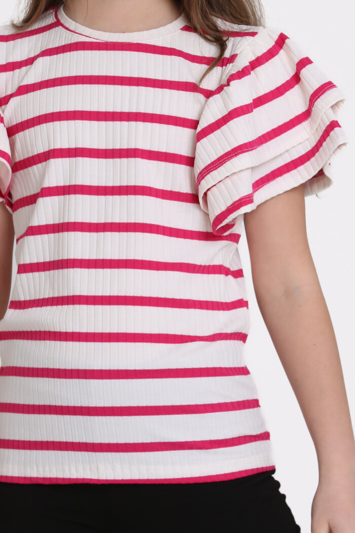 Fuşya Büzgülü 5-13 Yaş Tişört - 2516-3