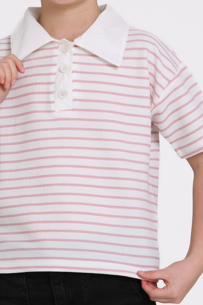 Gül Kurusu Çizgi Desenli 5-13 Yaş Tişört - 2506-3