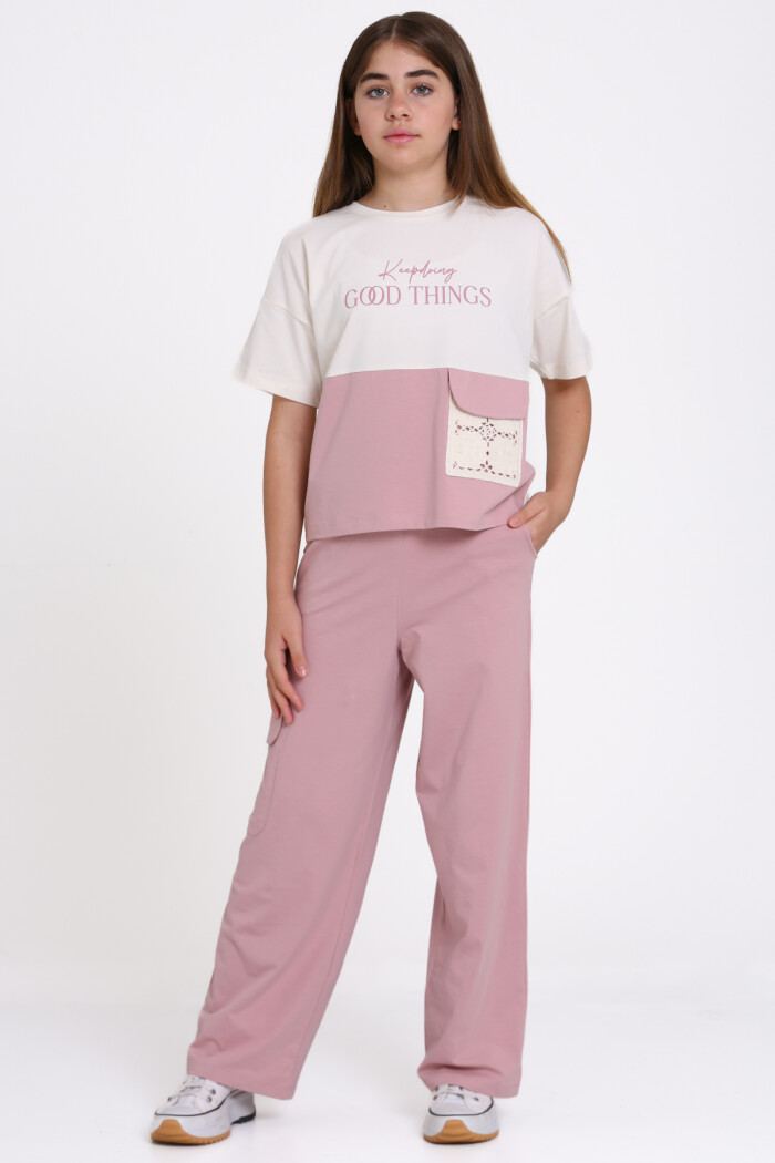 Gül Kurusu Keep Doing Good Things Baskılı 8-12 Yaş Takım - 2448-2