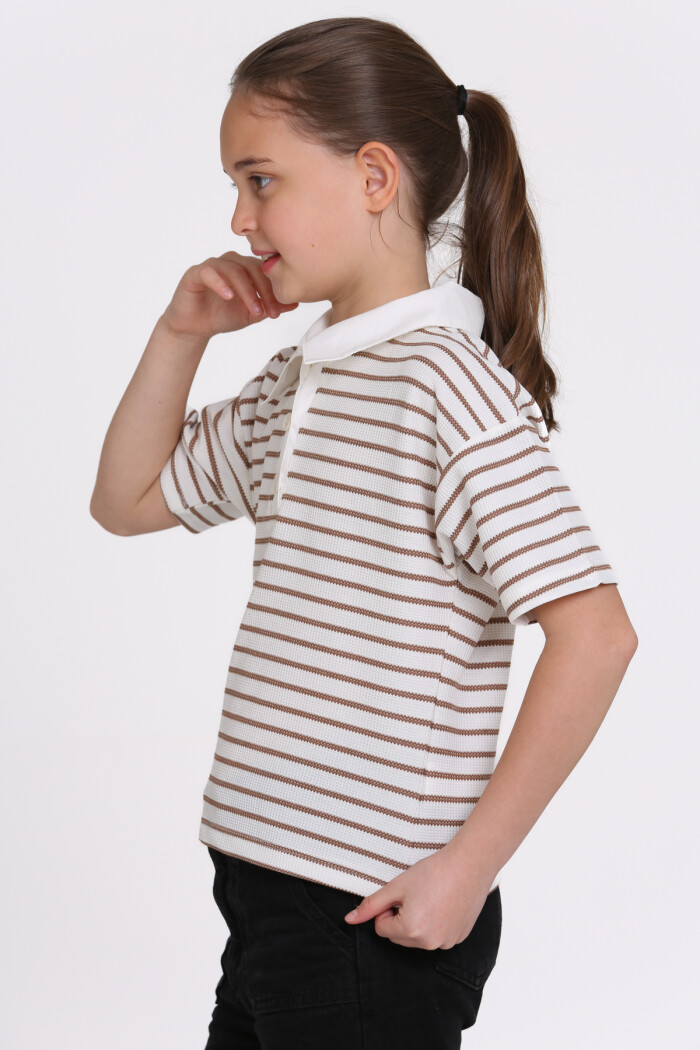 Kahve Çizgi Desenli 5-13 Yaş Tişört - 2506-4