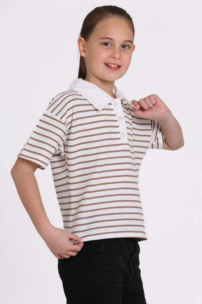 Kahve Çizgi Desenli 5-13 Yaş Tişört - 2506-4