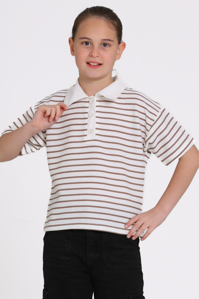 Kahve Çizgi Desenli 5-13 Yaş Tişört - 2506-4