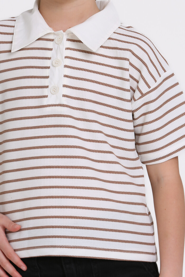 Kahve Çizgi Desenli 5-13 Yaş Tişört - 2506-4