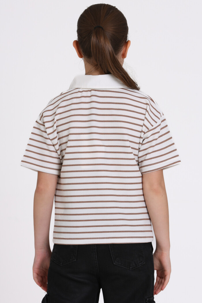Kahve Çizgi Desenli 5-13 Yaş Tişört - 2506-4