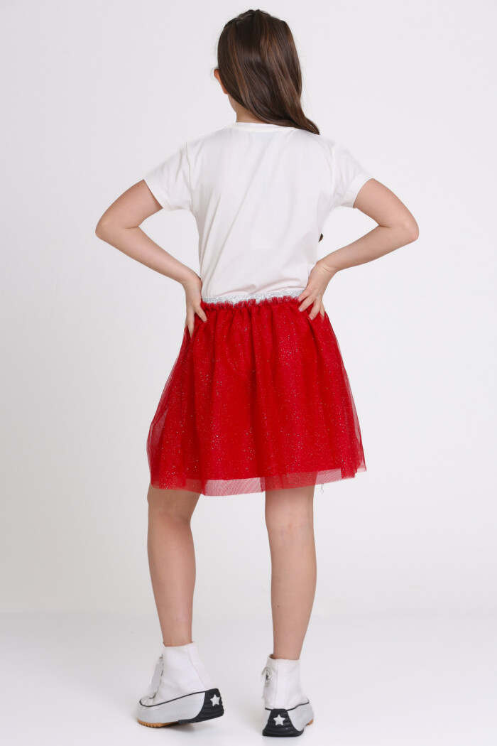 Kırmızı Simli Tüllü 4-13 Yaş Etek - 81408-2
