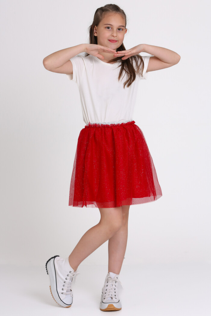Kırmızı Simli Tüllü 4-13 Yaş Etek - 81408-2