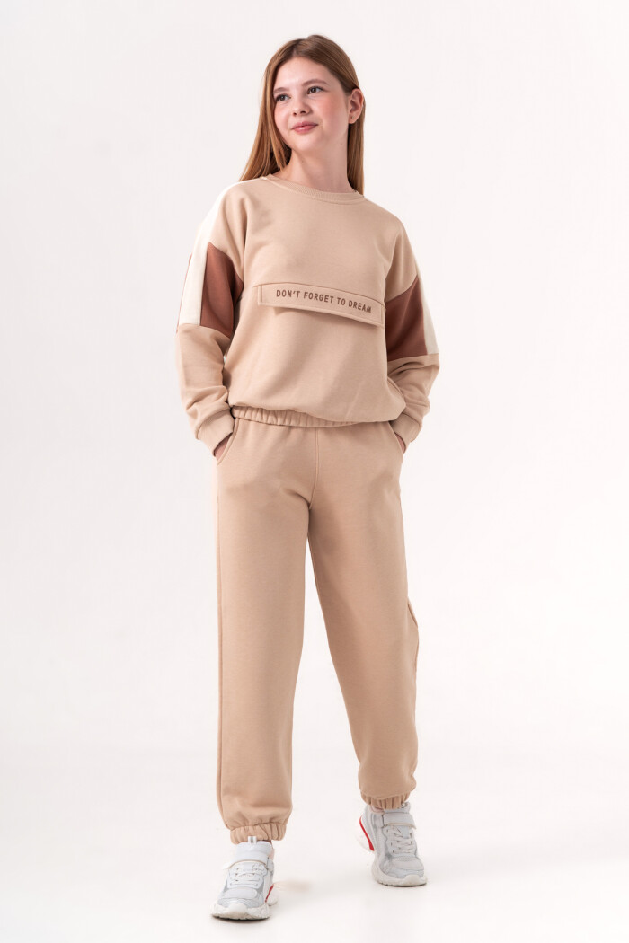 Kız Çocuk Bej Bisiklet Yaka Lastik Paça 8-12 Yaş Takım - 3581-1