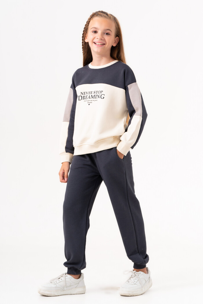 Kız Çocuk Füme Kol Parça Detaylı Ribana Paça 5-9 Yaş Takım - 3578-1