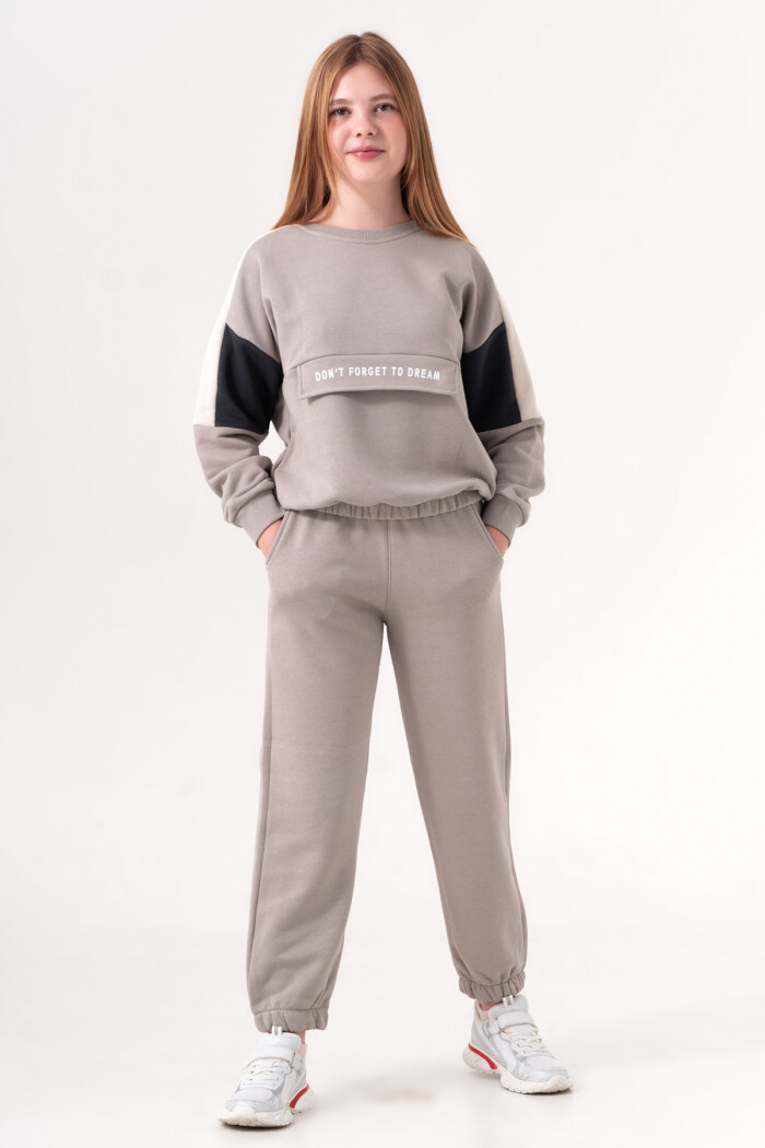 Kız Çocuk Gri Bisiklet Yaka Lastik Paça 8-12 Yaş Takım - 3581-3