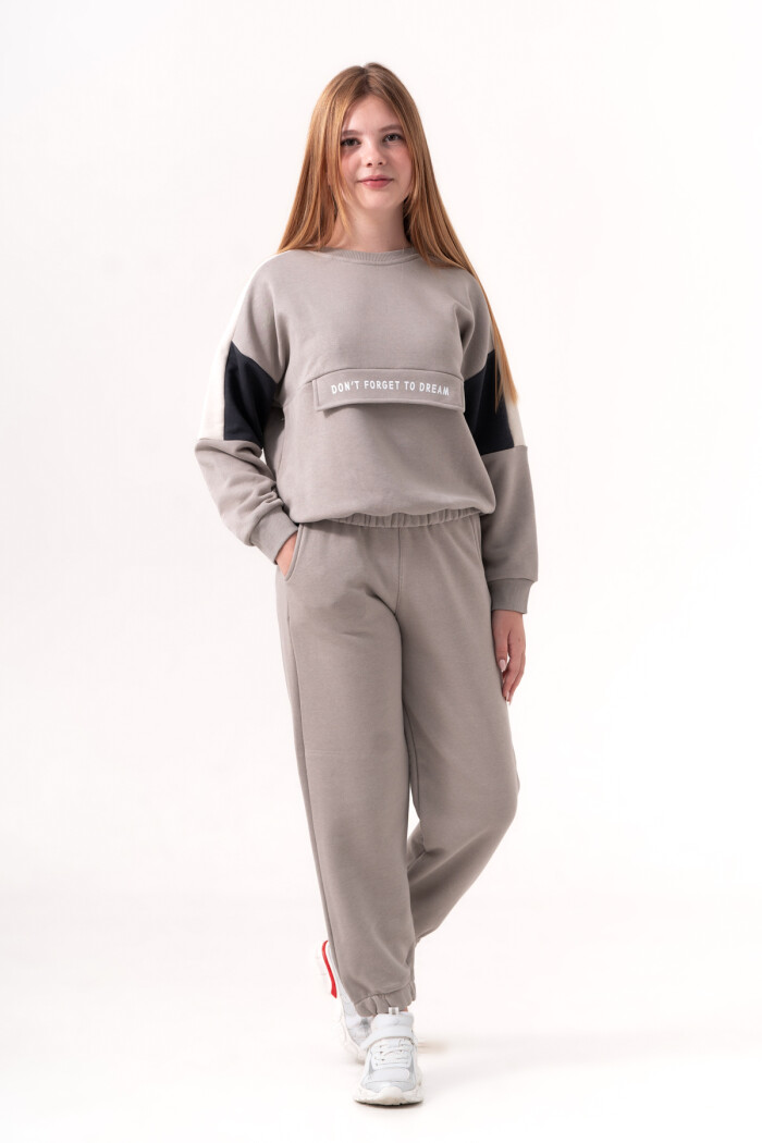 Kız Çocuk Gri Bisiklet Yaka Lastik Paça 8-12 Yaş Takım - 3581-3