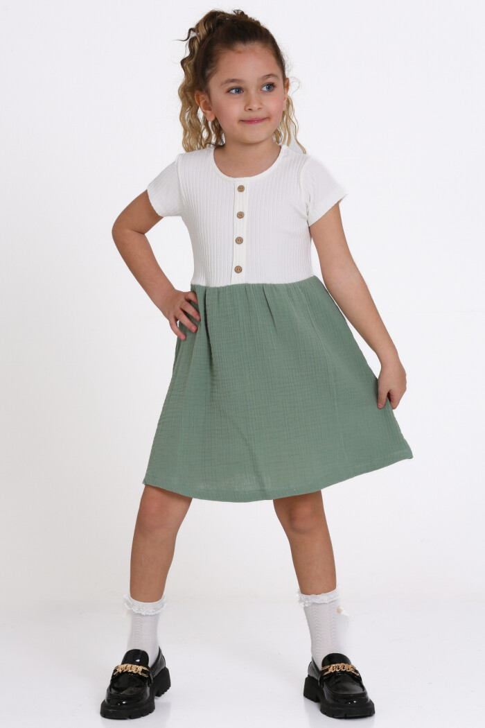 Kız Çocuk Haki Müslin Fitilli 1-5 Yaş Elbise - 2474-1