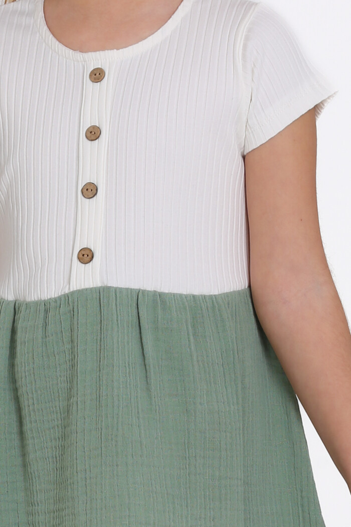 Kız Çocuk Haki Müslin Fitilli 1-5 Yaş Elbise - 2474-1