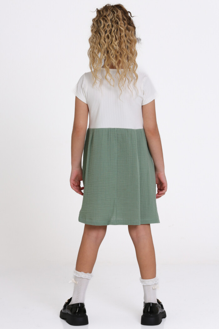 Kız Çocuk Haki Müslin Fitilli 1-5 Yaş Elbise - 2474-1