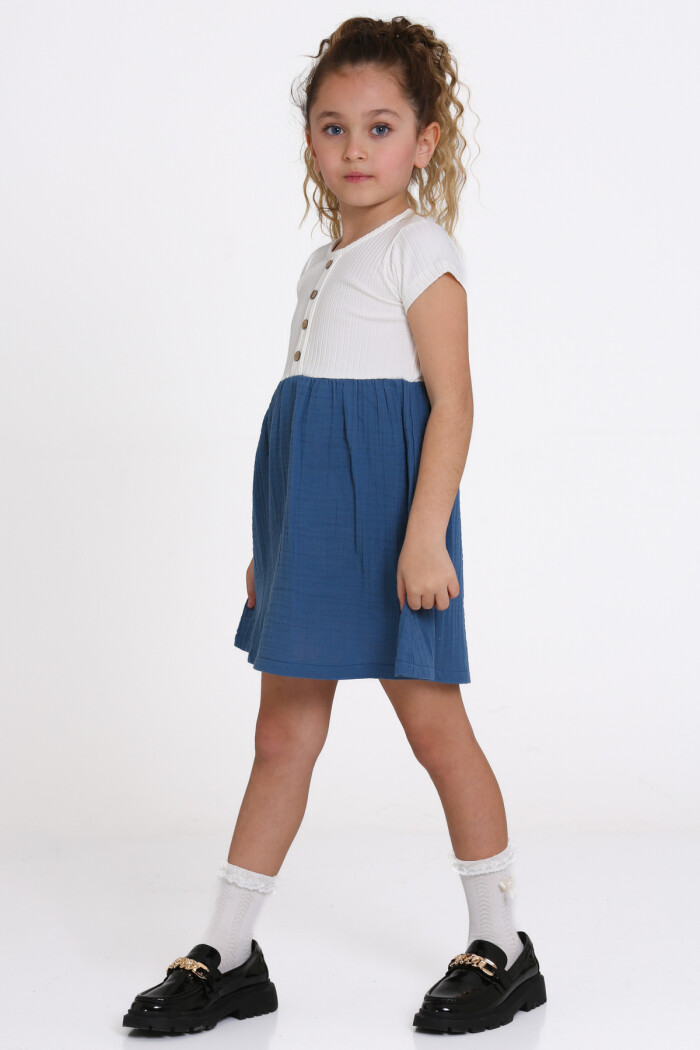 Kız Çocuk İndigo Müslin Fitilli 1-5 Yaş Elbise - 2474-2