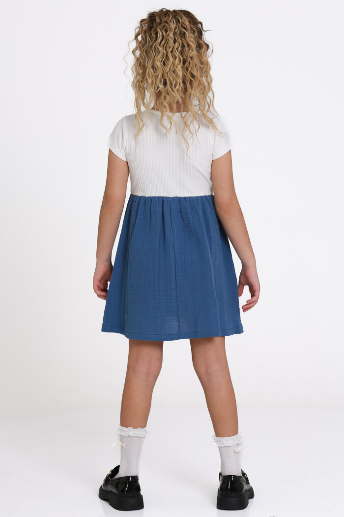 Kız Çocuk İndigo Müslin Fitilli 1-5 Yaş Elbise - 2474-2