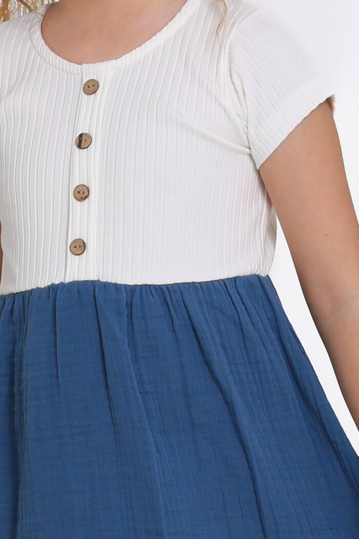 Kız Çocuk İndigo Müslin Fitilli 1-5 Yaş Elbise - 2474-2