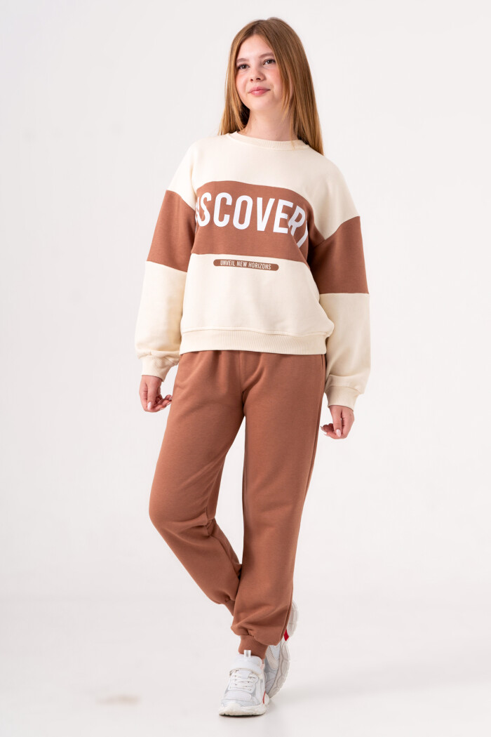 Kız Çocuk Kahve Baskılı 8-12 Yaş Takım - 3548-4